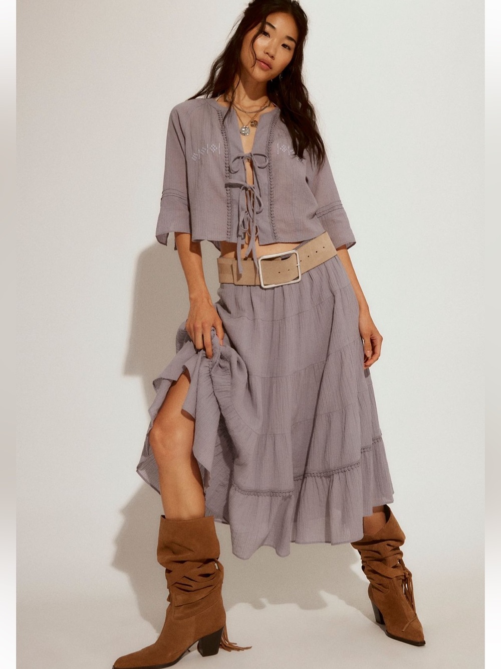 Free People Bright Side Purple Ash Vintage Inspired Embroidered Skirt Top Set